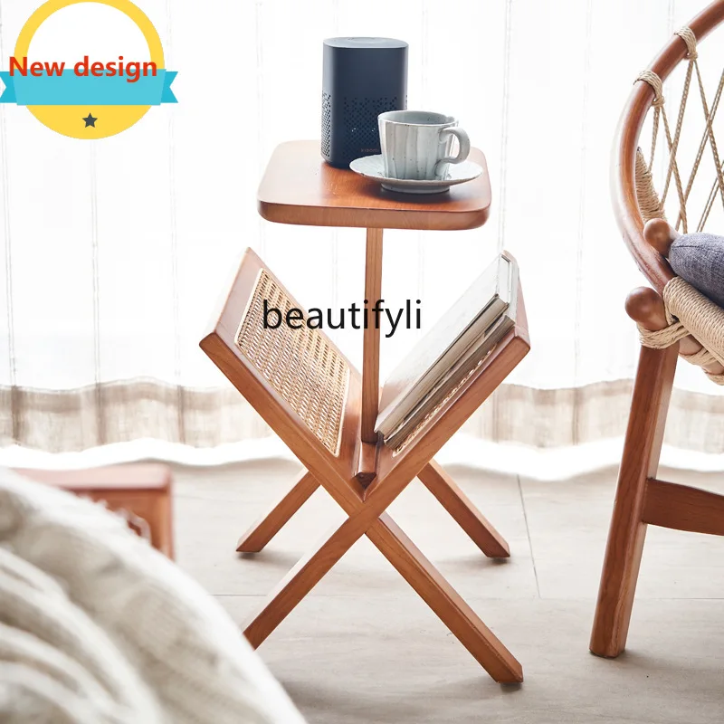 

A139 Living Room Corner Solid Wood Simple Home Sofa Side Table Rattan Small Square Table Nordic Bookshelf Corner Table