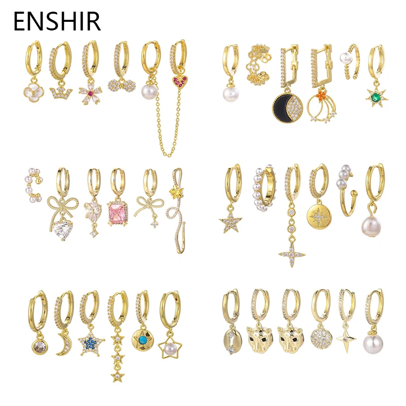 ENSHIR Gold Color 6-piece Earrings Set for Women Pearl Hoop Earrings Set Jewelry Wholesale