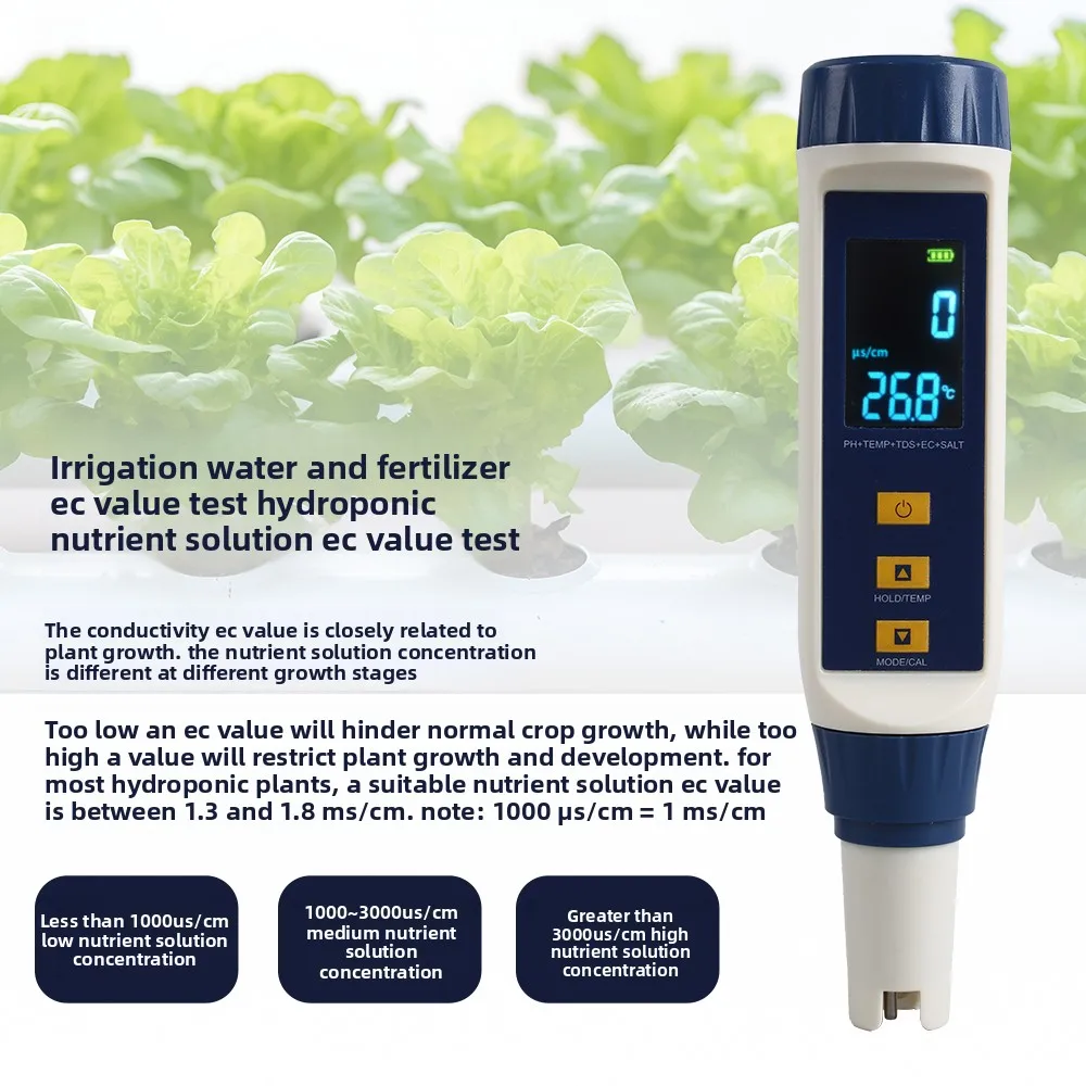 Water Soluble Fertilizer EC Meter TDS PPM Salinity Tester High Precision for Irrigation Water pH Hydroponics