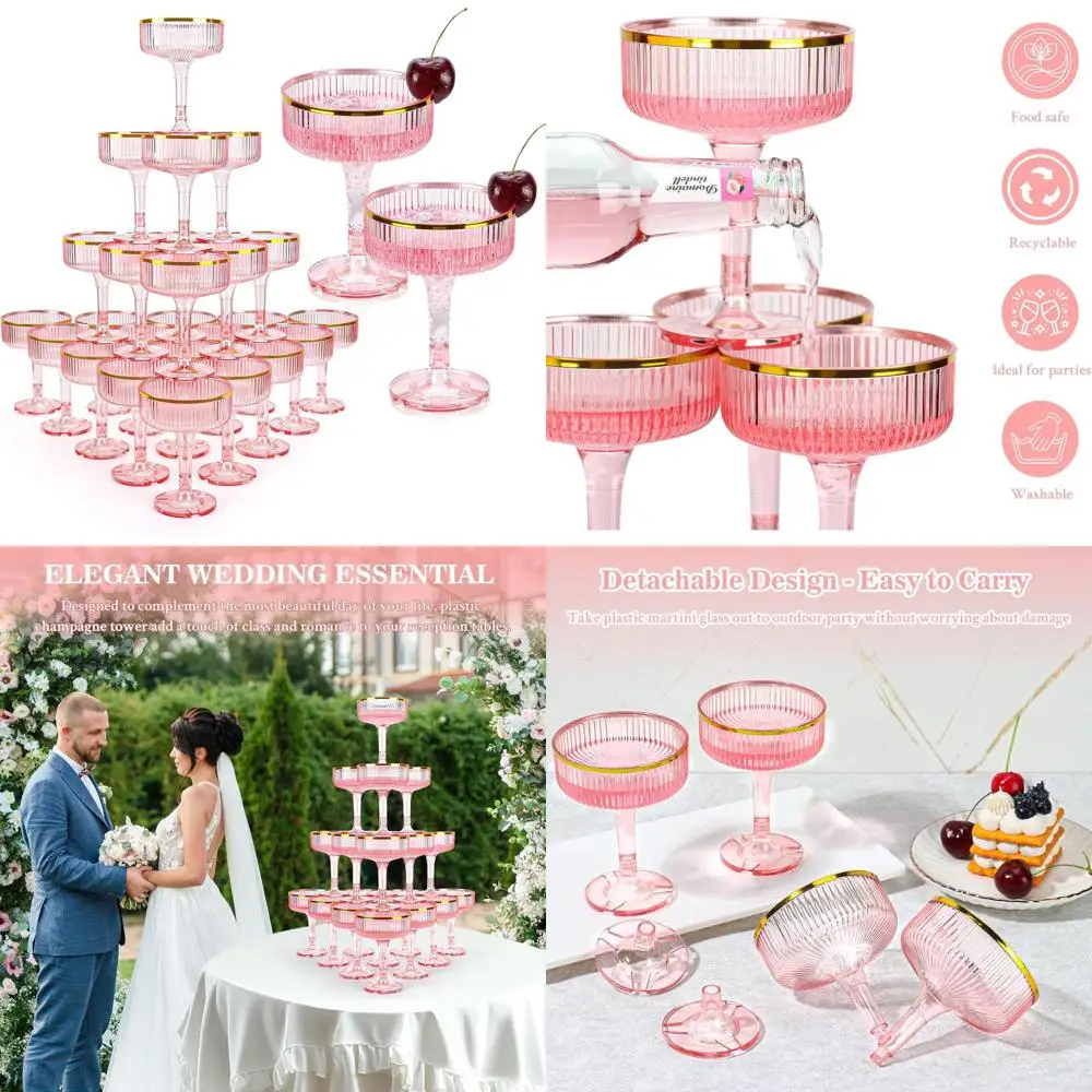 

Штабелируемые розовые бокалы для шампанского объемом 5 унций с золотыми ободками для свадеб, вечеринок и мероприятий