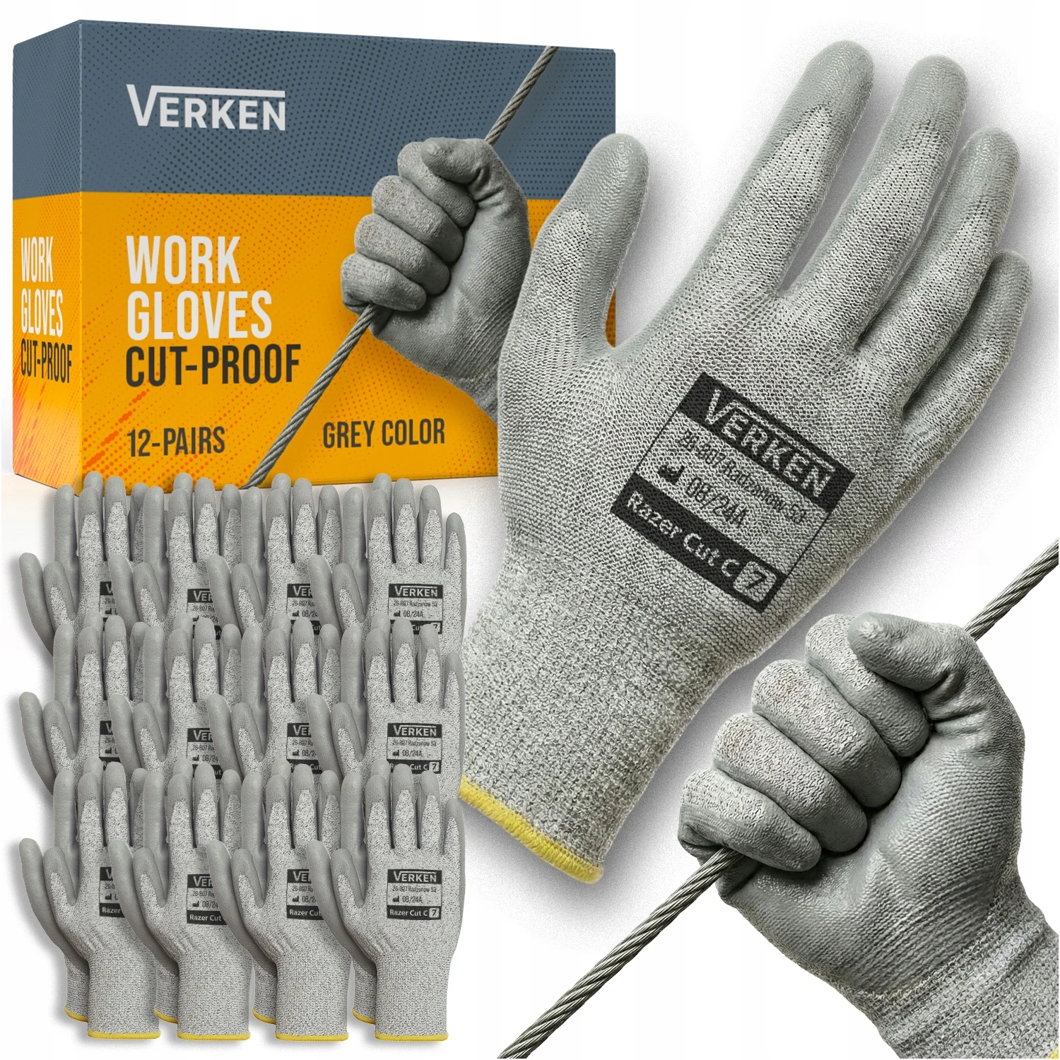 Snijbestendige werkhandschoenen Razer Grade 12 Paar Grijs HPPE Glasvezel Nylon Lycra Polyurethaan PU Gecoate Palm Elastisch Gebreid Anti-Slip Grip Voor Het Hanteren Van Scherpe Metalen Messen