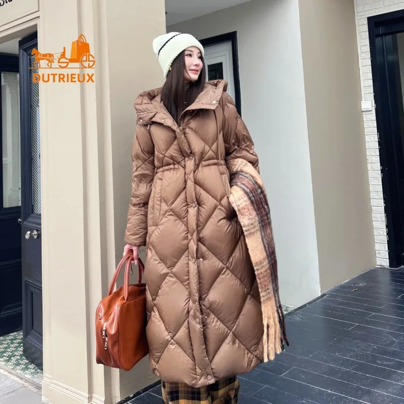 New Winter Down Jacket for Women, Checkered Hooded Long Down Jacket with Drawstring Waist Warm Windproof Jacket Coat for Women