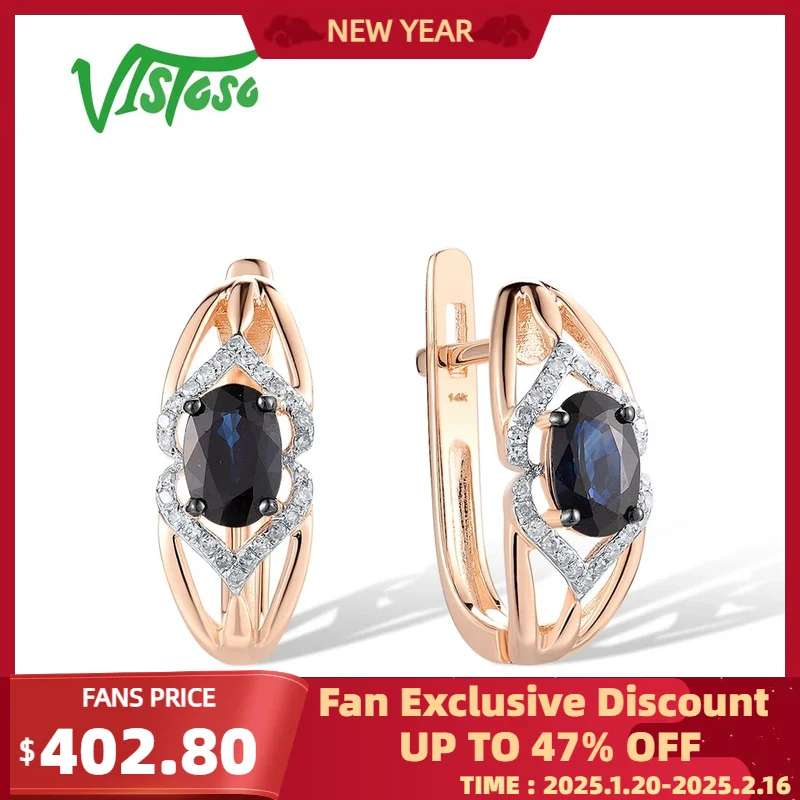 VISTOSO Genuine 14K 585 Rose Gold Earrings For Women Sparkling Oval Blue Sapphire Diamonds Wedding Party Trendy  Fine Jewelry