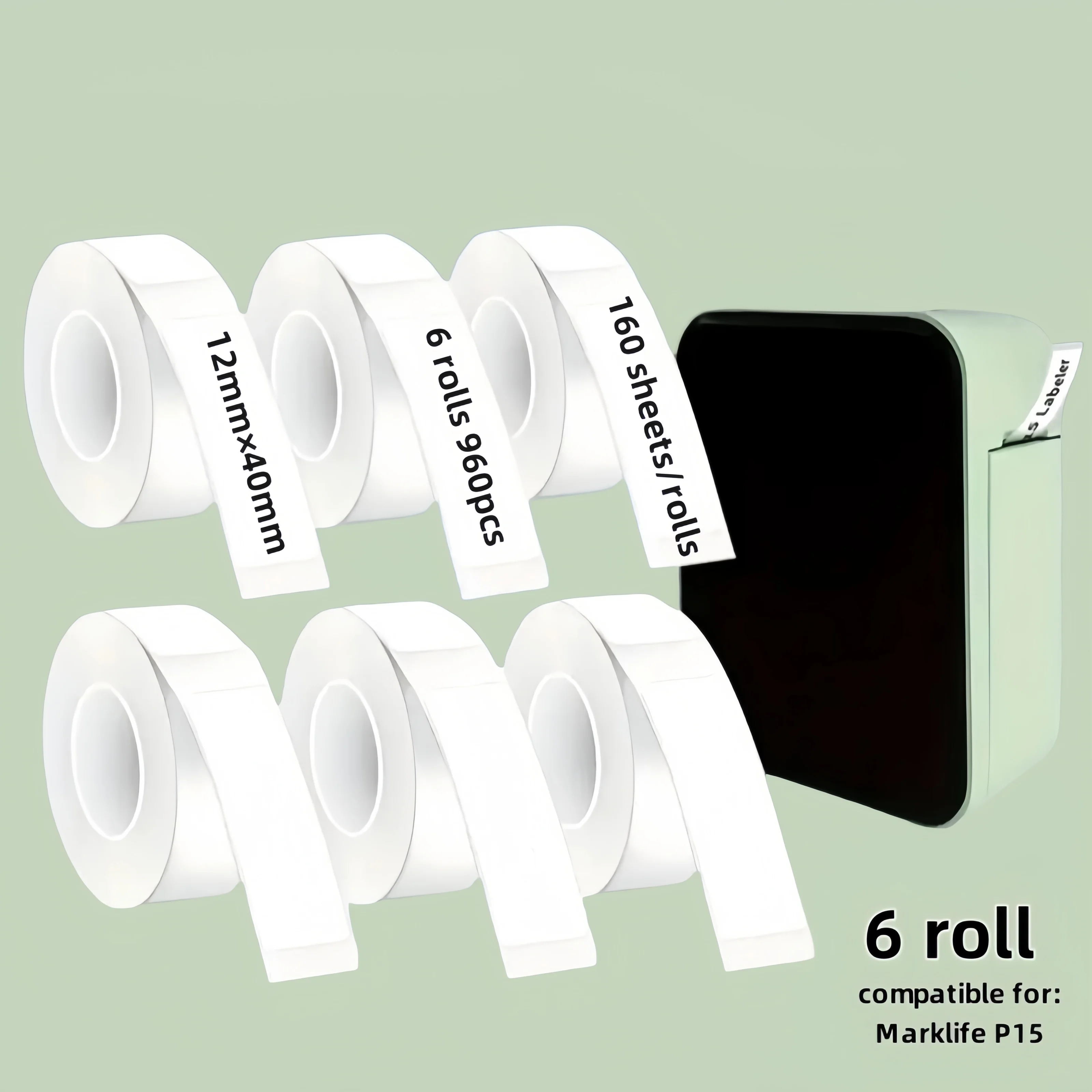6 Rolls 12x40mm Multi-Size White Label Tape - P15 Thermal Printer Transparent Stickers Warehouse/Office/School, Christmas Labels