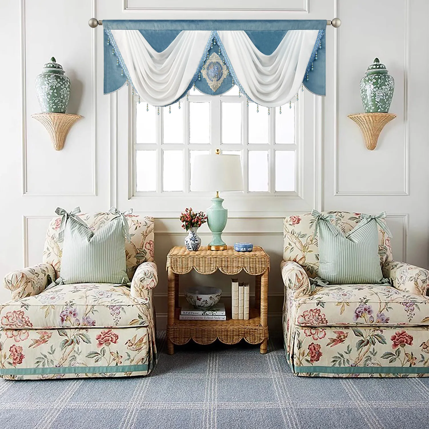 1pc, azul e branco luxo cachoeira valance cortina pendurado para janela de luxo grosso swag com pingente contas janela decoração do quarto