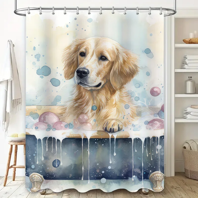 Golden Retriever Bathtub Art Shower Curtain Bathroom Decor with Blue Bubbles White Splashes Size 72x84 Inches for Pets Lovers De