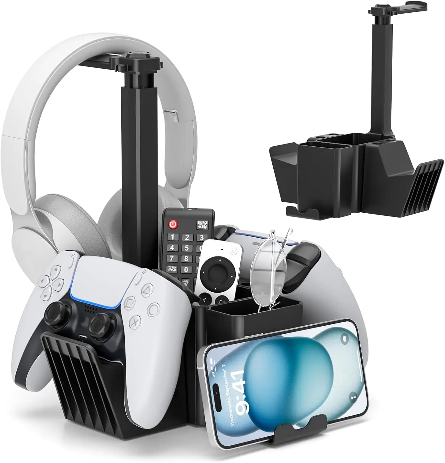 

5-in-1 Desk Organizer: Headphone Stand, Dual Controller Holder, Phone Stand, Storage Box for Remote, Pens, Black