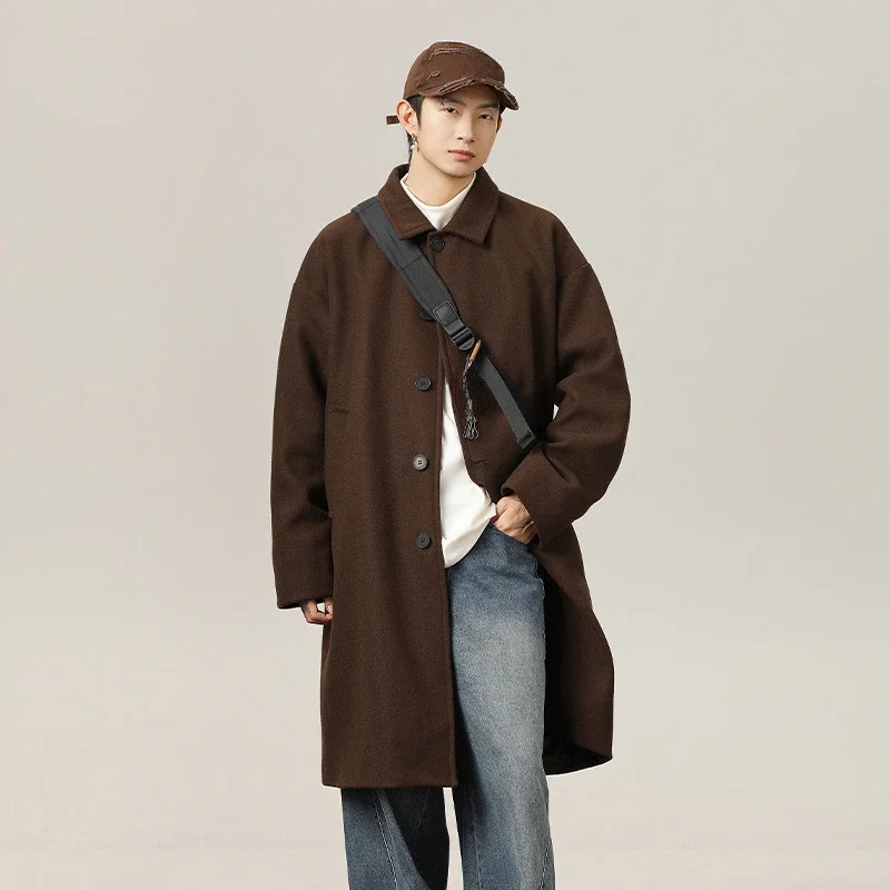 Pop Men's Autumn And Winter New Korean Version Of Loose Woolen Coat, Solid Color Over The Knee Lapel Single Breasted Woolen Coat