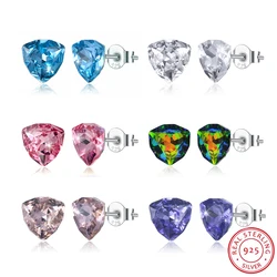 Real S925 Silver Stud Earrings Triangle Premium Crystals Piercing for Women Party Wedding Girls Jewelry