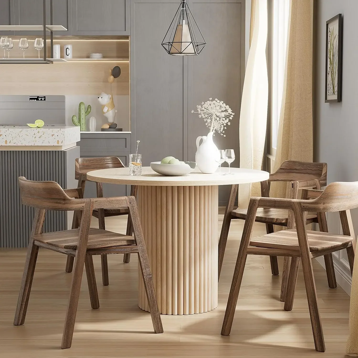

Round Dining Room Table, 39.5" Circular Tabletop, Modern Kitchen Table with Solid Wood Strip Base Pedestal Base