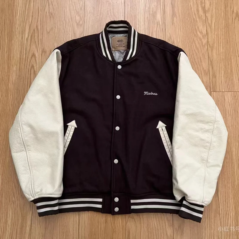 Brand Embroidery Logo MADNESS Worsted Leather Splitting Baseball Jacket Padded Jacket MDNS Coat Vintage Dark Brown Tops