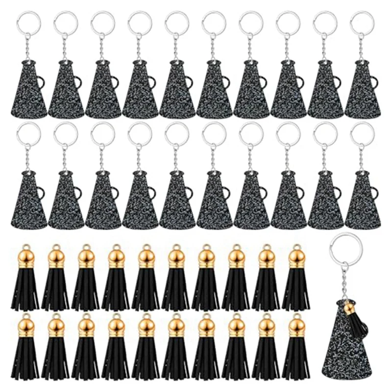 Acrylic Cheer Megaphone Keychains Acrylic Keychains With Tassel Cheerleading Team Gift Grad 40 Pcs (Glitter Black)