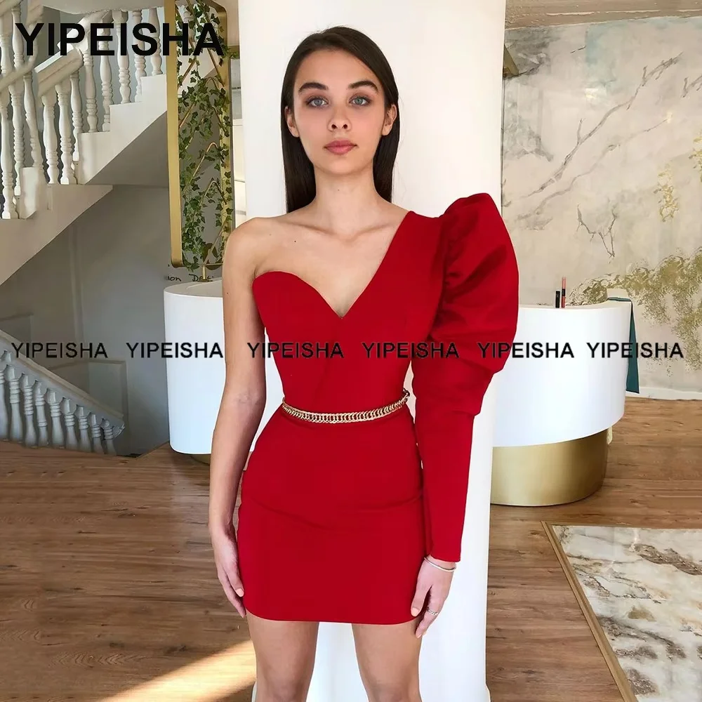 

Customized One-shoulder Mini Prom Dresses Sheath Black Long Sleeve Party Gown Cocktail Gown with Chain