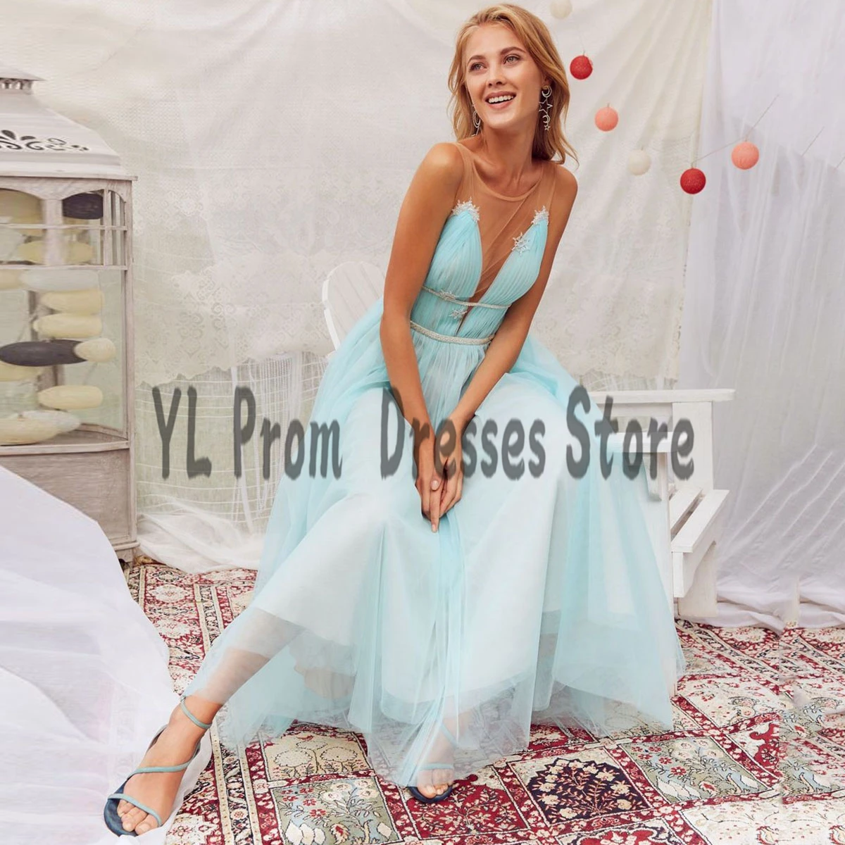 YL Illusion Scoop Neck Prom Dress Light Blue Tulle Graduation Dresses Tea-Length Backless A-Line Girls Reuion Classmates Gown