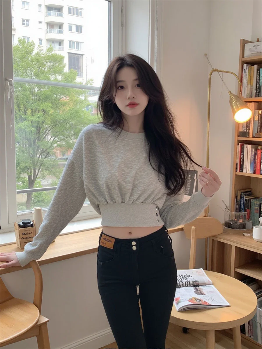 

Серые толстовки без капюшона, женские топы с длинными рукавами и завязками на талии, облегающие, привлекательные, в форме силуэта, контур тела