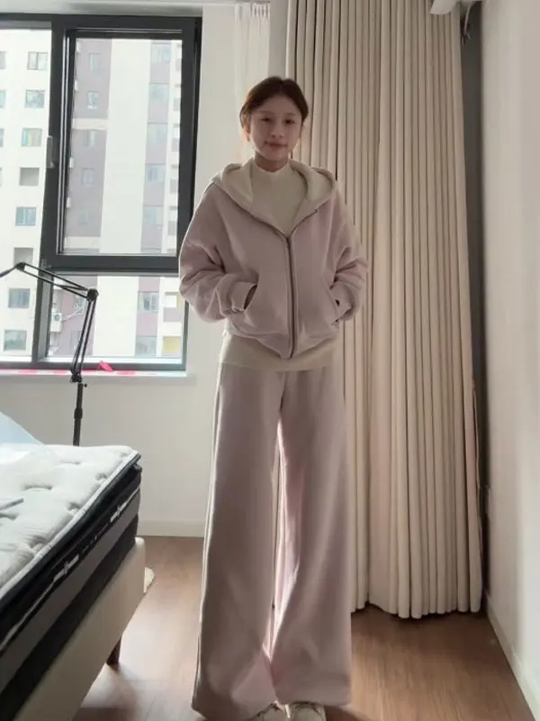 

Комплект из худи и брюк в корейском стиле: повседневный, удобный, из двух предметов, для женщин, с высокой талией, длинными рукавами, круглым вырезом и застежкой-молнией.