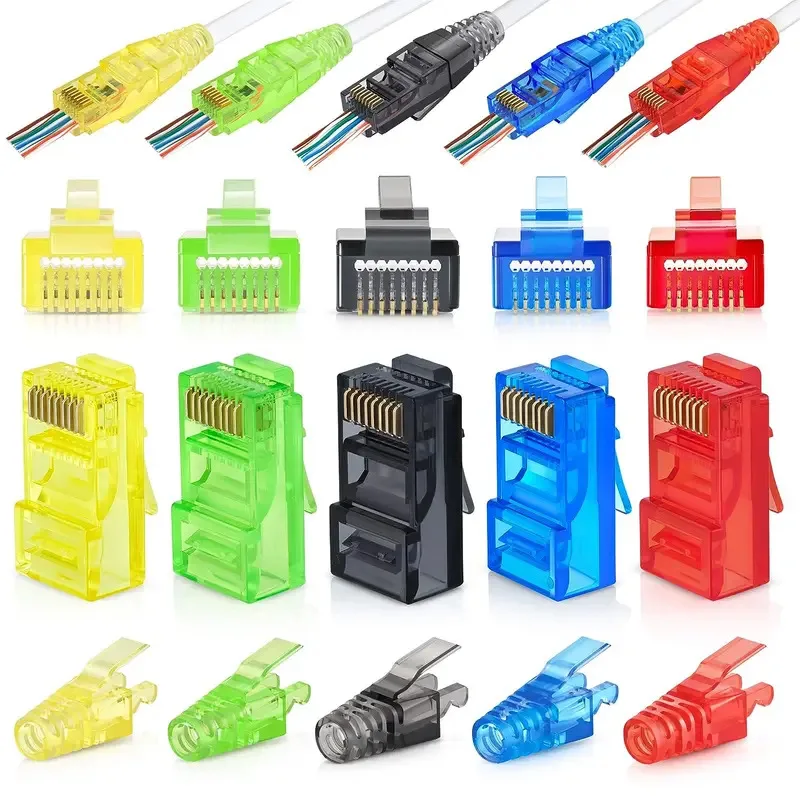 50/50 PCS RJ45 Cat6 Pass-Through Connector and Strain Relief Boot Pack, Various Colors for Crimping Modular Plugs EZ
