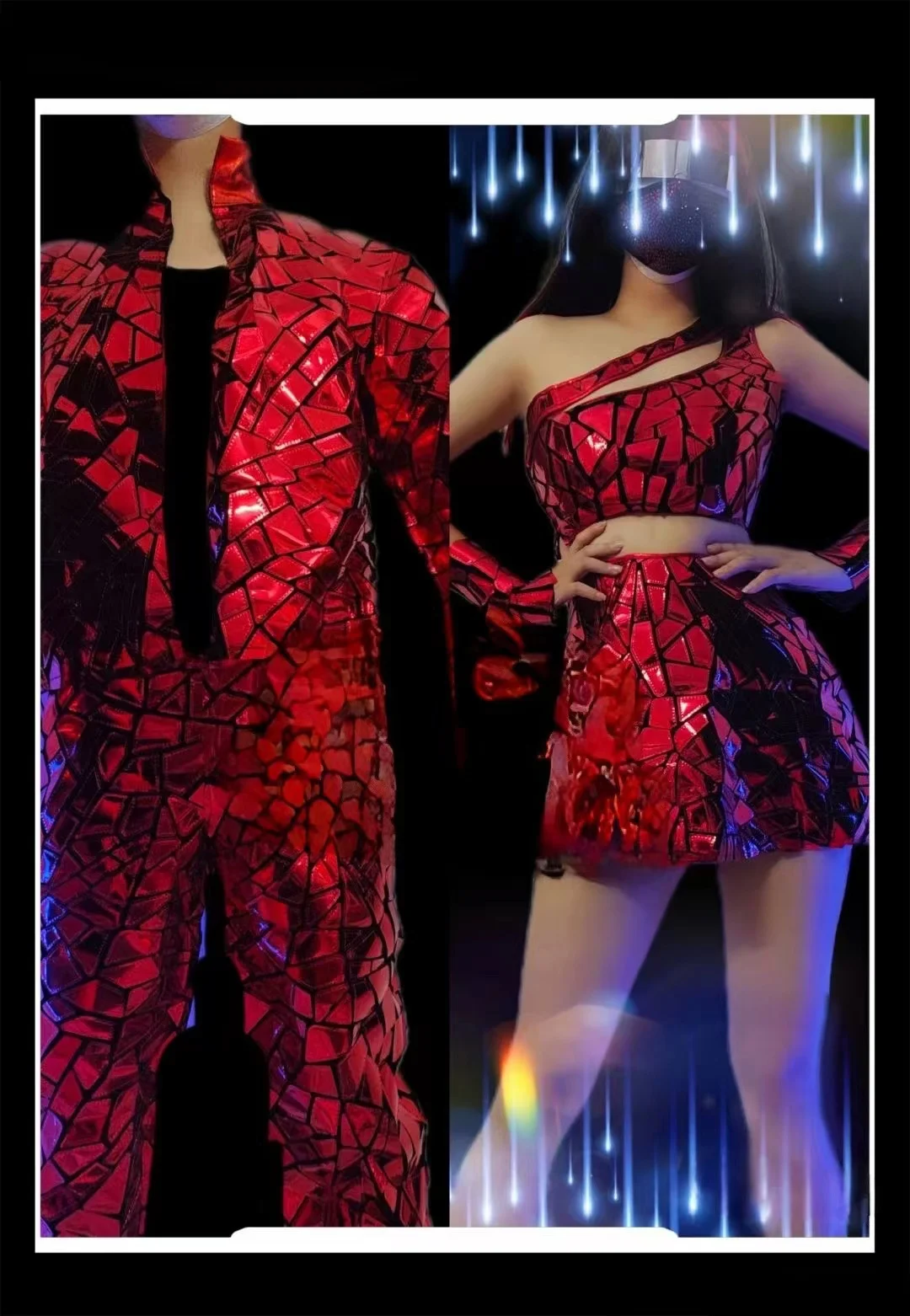 New Women Long Sleeve Red Gold Mirror Nightclub Singer Jazz Dance Costume Laser Sequin Coats Vest Pants 3pcs Stage Show Outfit