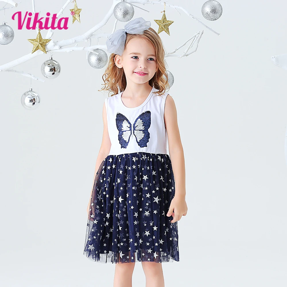 VIKITA Girls Sleeveless Summer Dress Kids Butterfly Sequined Appliqued Princess Party Dress Girls Star Birthday Mesh Dresses