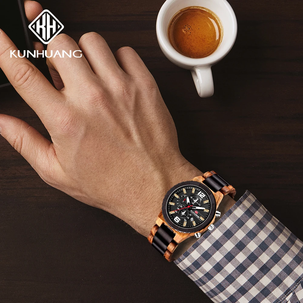 KUNHUANG Luxury Wood Stainless Steel Men Watch Stylish Wooden Timepieces Chronograph Quartz Watches relogio masculino Gift Man