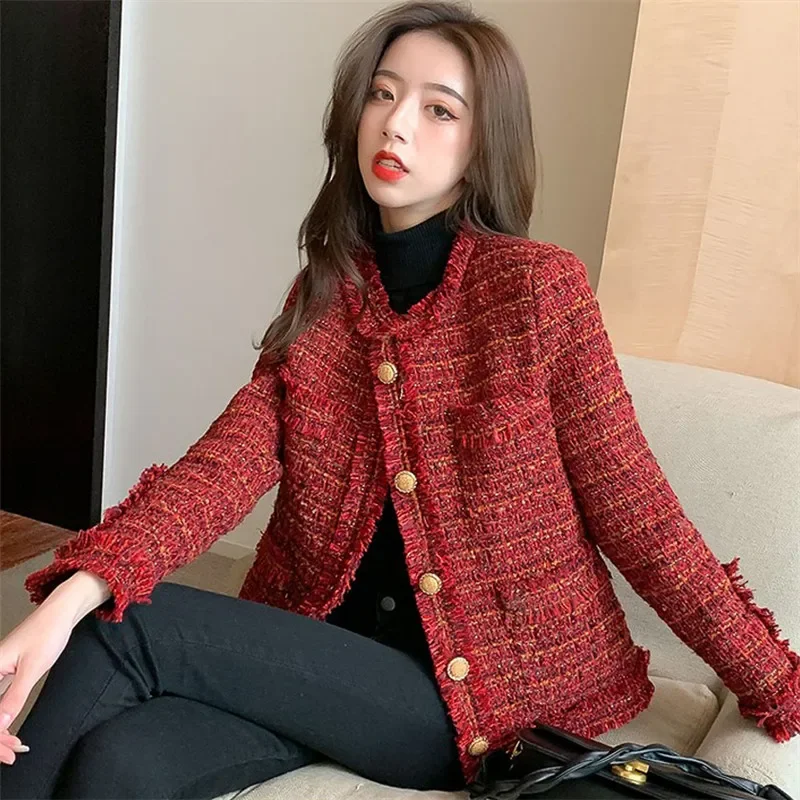 

Korea 2024 Autumn Winter New Fashion Womens Full Sleeve Bright Silk Tassel Button Tweed Tassel Elegant Quilted Coats