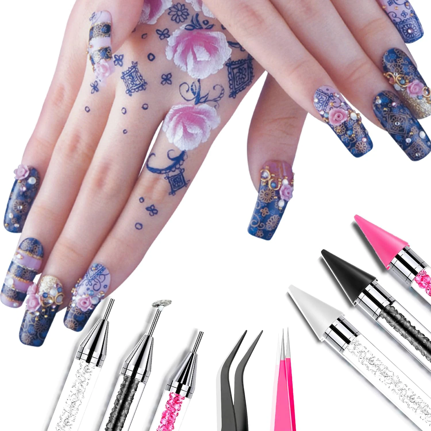 Doppelendiges Nagel-Strassstein-Aufnahmewerkzeug-Set, Wachs-Punktierstifte, gebogene Pinzette, Strassstein-Aufbewahrungsschale, DIY-Nagelkunst-Edelstein-Aufnahmewerkzeug – Detail 8