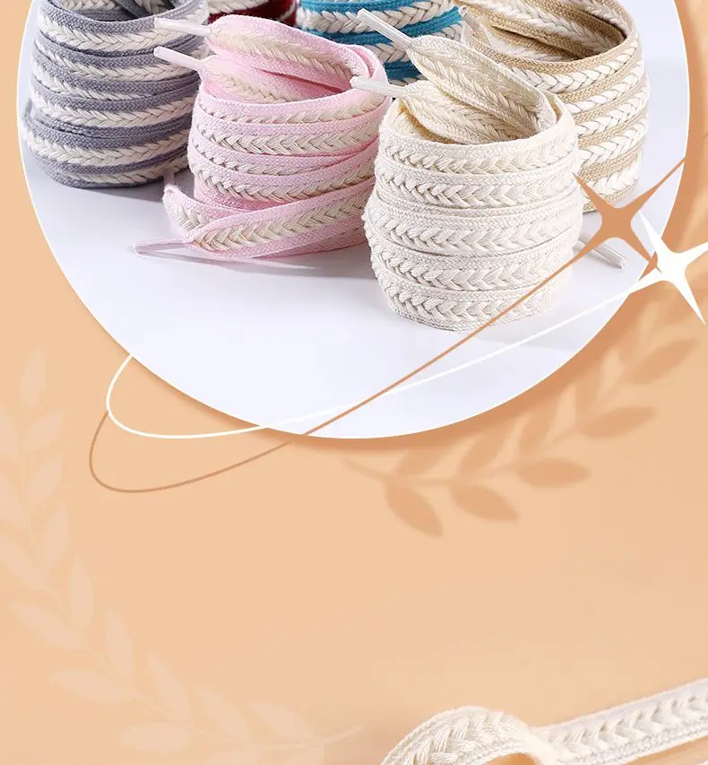 Flache Weizenkolben-Schnürsenkel für Sneaker, gedrehte Zöpfe, Marshmallow-farbene, bunte Schnürsenkel, Baumwoll-Canvas, strukturiertes Gewebe, klassische Schuhbänder – Detail 11
