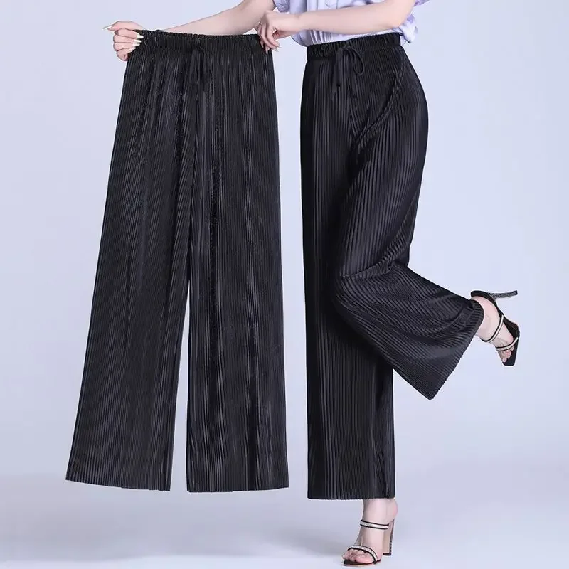 Moda plissada calças de perna larga para mulheres primavera e verão harajuku casual rendas até cintura alta elástica perna reta pants2015