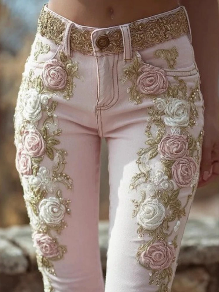 Y2K Women's Retro Pink Rose Embroidered Art Printed Imitation Jeans Street Style Elegant and Versatile Tight Micro Pull Jeans
