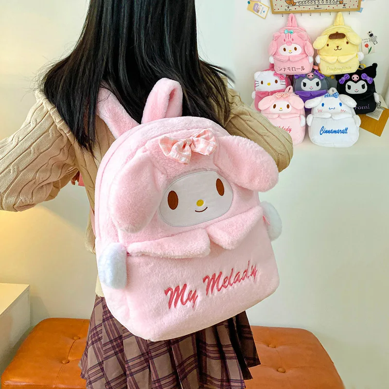 Mochila De felpa de Hello Kitty para niños, mochila escolar de dibujos animados, Linda melodía Kulomi Cinnamoroll, mochila con cremallera de felpa