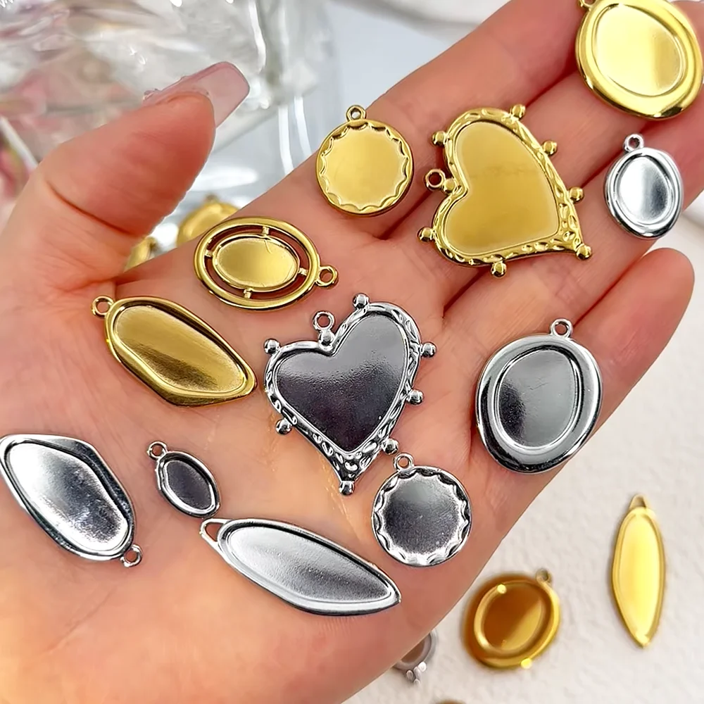 

5pcs No fade Stainless Heart Round Irregular Bezel Charm Pendant Trays Blank Cabochon Base DIY Earrings Necklace Jewelry Making