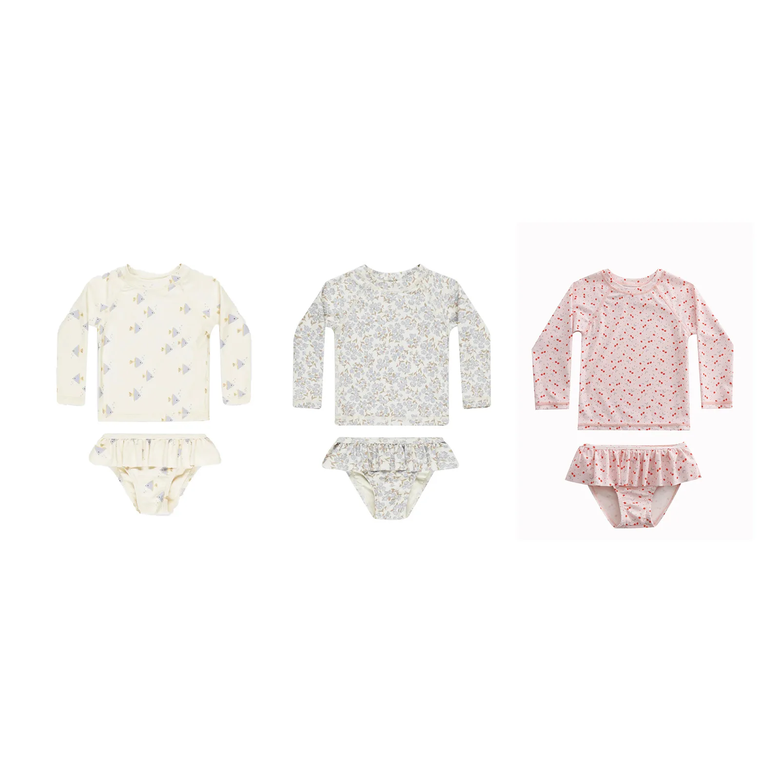 Toddler Kids Long Sleeve Two Piece Swimsuit | Cute Fish Print Rash Guard with Ruffle Bottom | Girls Beach Swimwear Set
