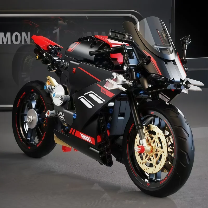 

Black and red sports motorcycle building block assembly set, high-detail motorcycle model with brake disc and engine linkage str
