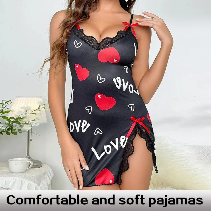 Lace Edge V-Neck Sling Side Split Sleepwear Women\'s Printed Love Letter Black Home Sling Dress Pajamas