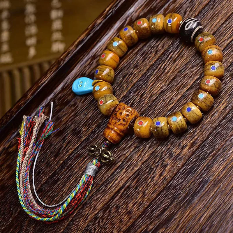 Natural yak bone single-loop bracelet with old silver inlay and multi-treasure barrel beads