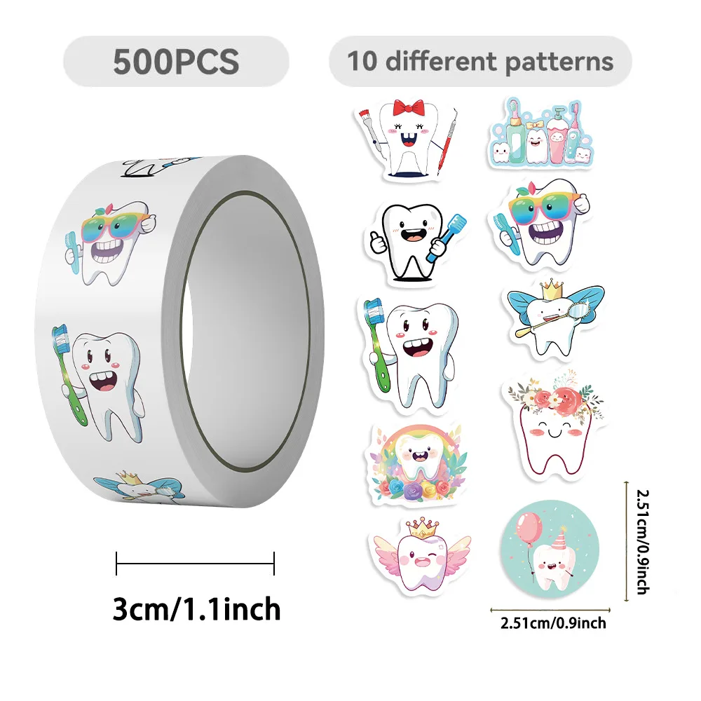 500pcs/Roll Healthy Toothbrush Teeth Stickers For Children  Small Cute Toy Game Sticker DIY Gift Sealing Label Decoration