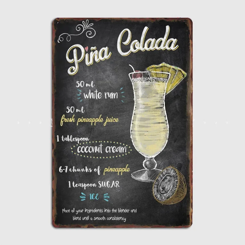 Pina Colada  Customizable Kitchen Food Poster Metal Plaque for Wall Decor in Modern Home Bar Restaurant