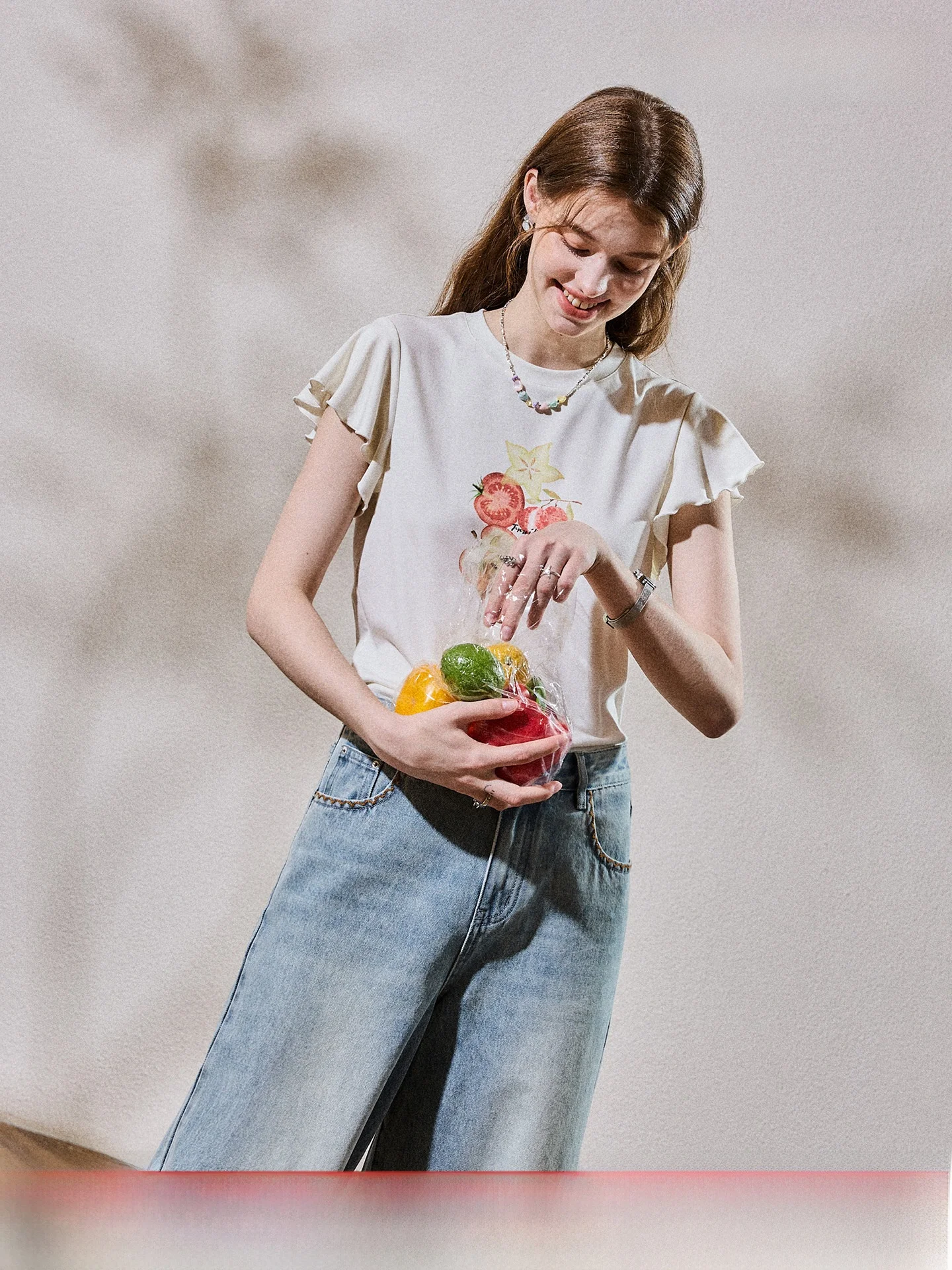 Camiseta de Algodón con Lycra y Estampado de Frutas, Elástica, Ajustada, Transpirable, con Mangas Plisadas, para Viaje, Veran...