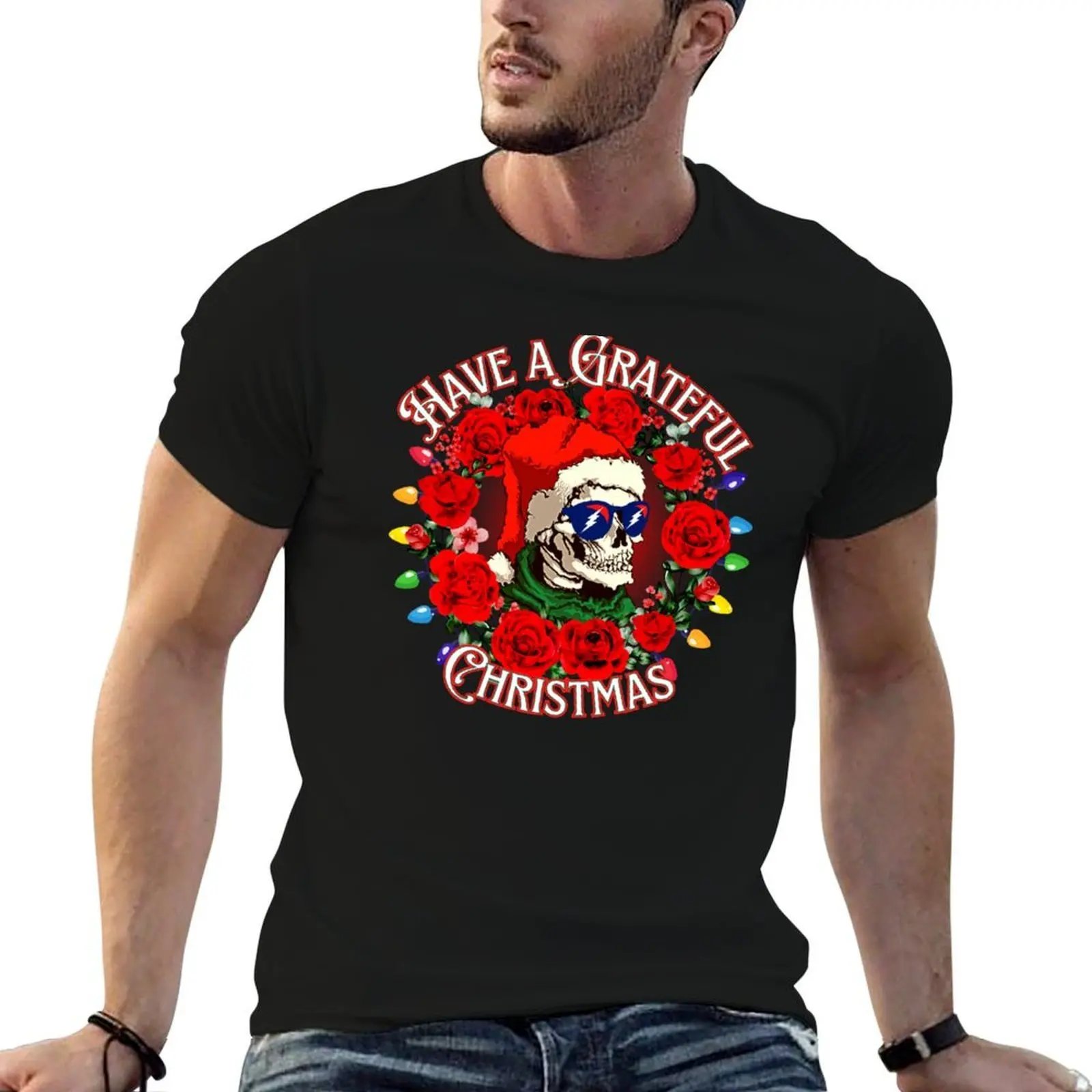 Grateful Chrtistmas Roses & Skeleton T-Shirt blue archive vintage clothes Men's t shirts