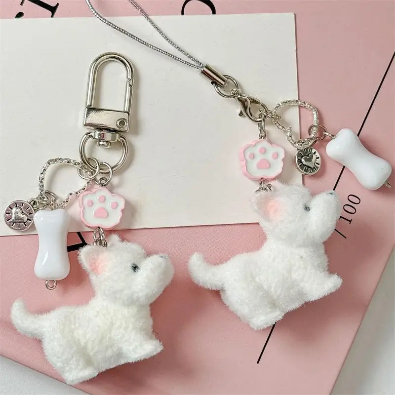 Cute Cartoon Animal Flocking West Highland Puppy Keychain Lovely Pendant Backpack Ornaments Bag Lanyard Phone Chain Couple Gifts