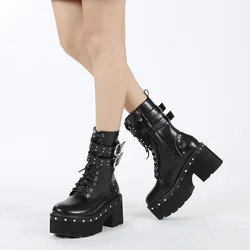 Winter Gothic Punk Womens Platform Boots Black Buckle Patent leather Creeper Wedges Shoes Mid Calf  Boots