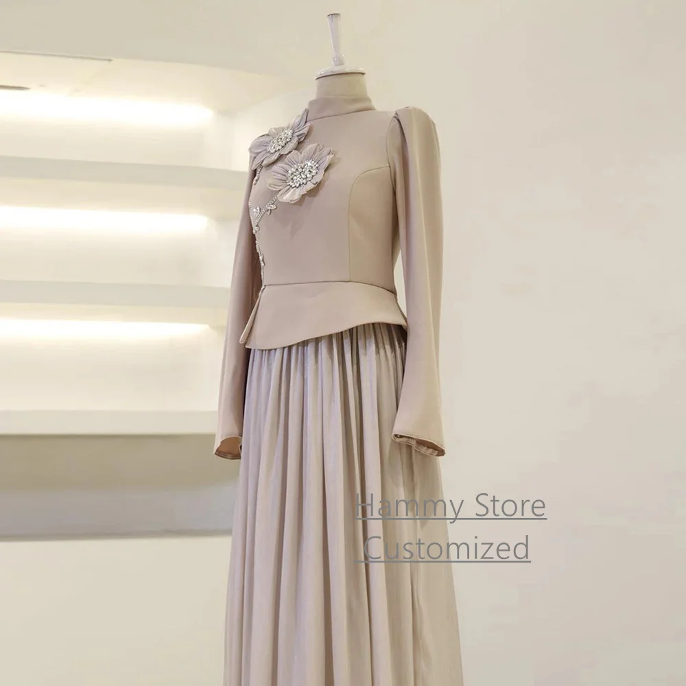 Vestido de noite de duas peças personalizado, gola alta, mangas compridas, miçangas, flores, arábia saudita, vestido de baile