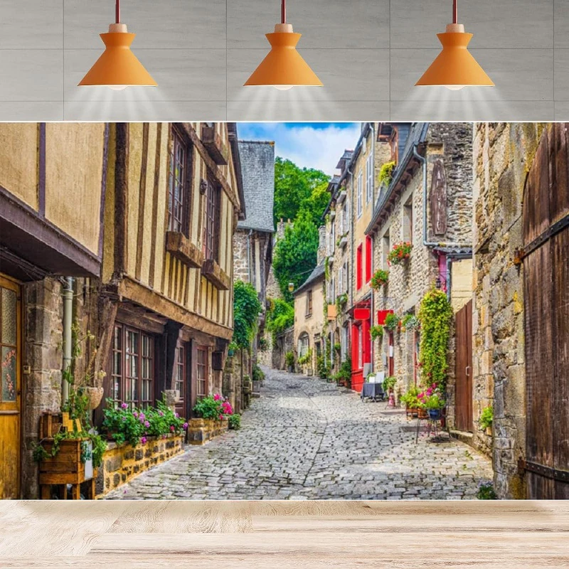 Renaiss French Small Town Scenery Photography Backdrop Shabby Chic Tourist Town Gravel Road Street Background Photo Booth Props