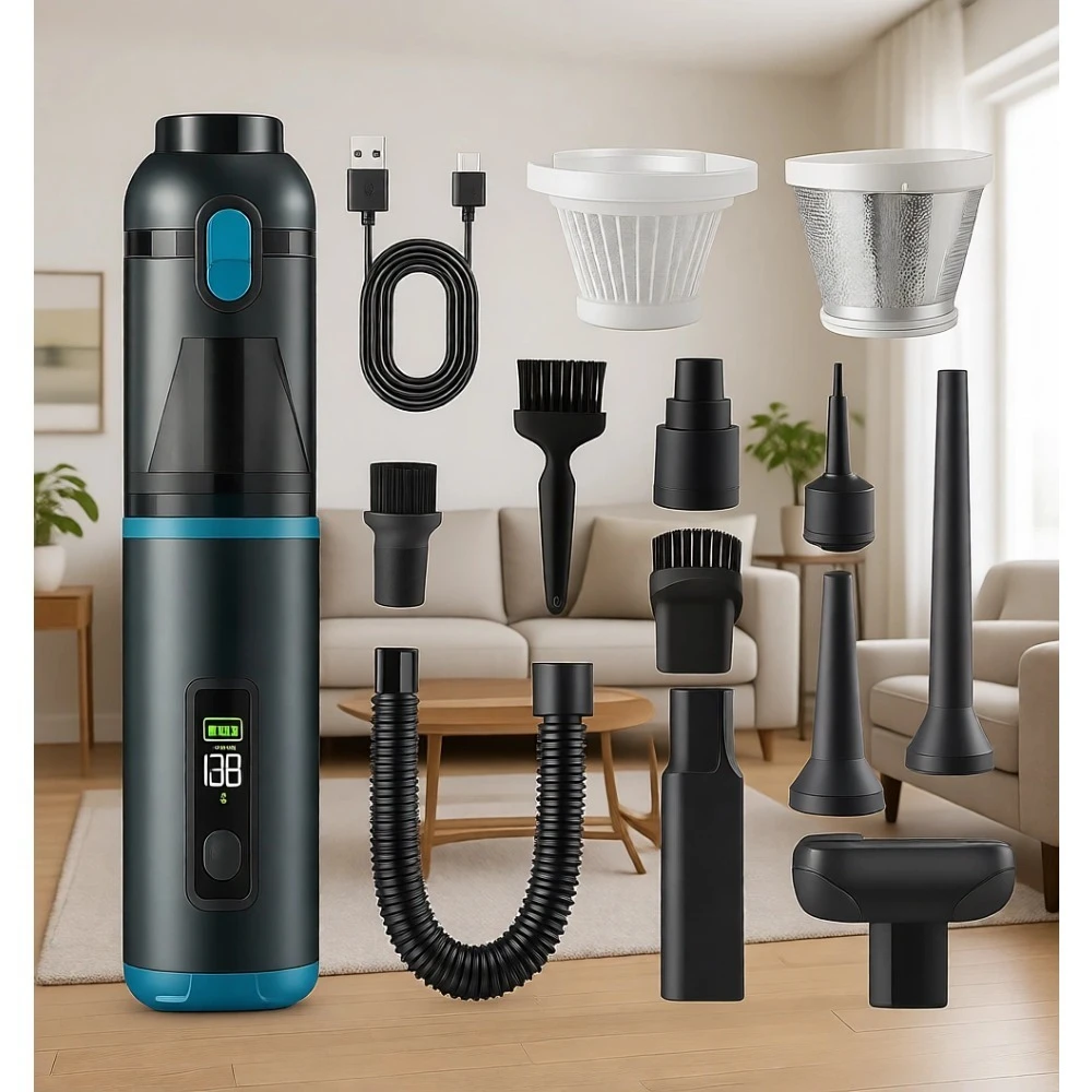 

Беспроводной автомобильный пылесос 16000 Па, 4-в-1: ручной пылесос, воздуходувка, мини-вакуум для чистки автомобиля, шерсти животных, клавиатуры