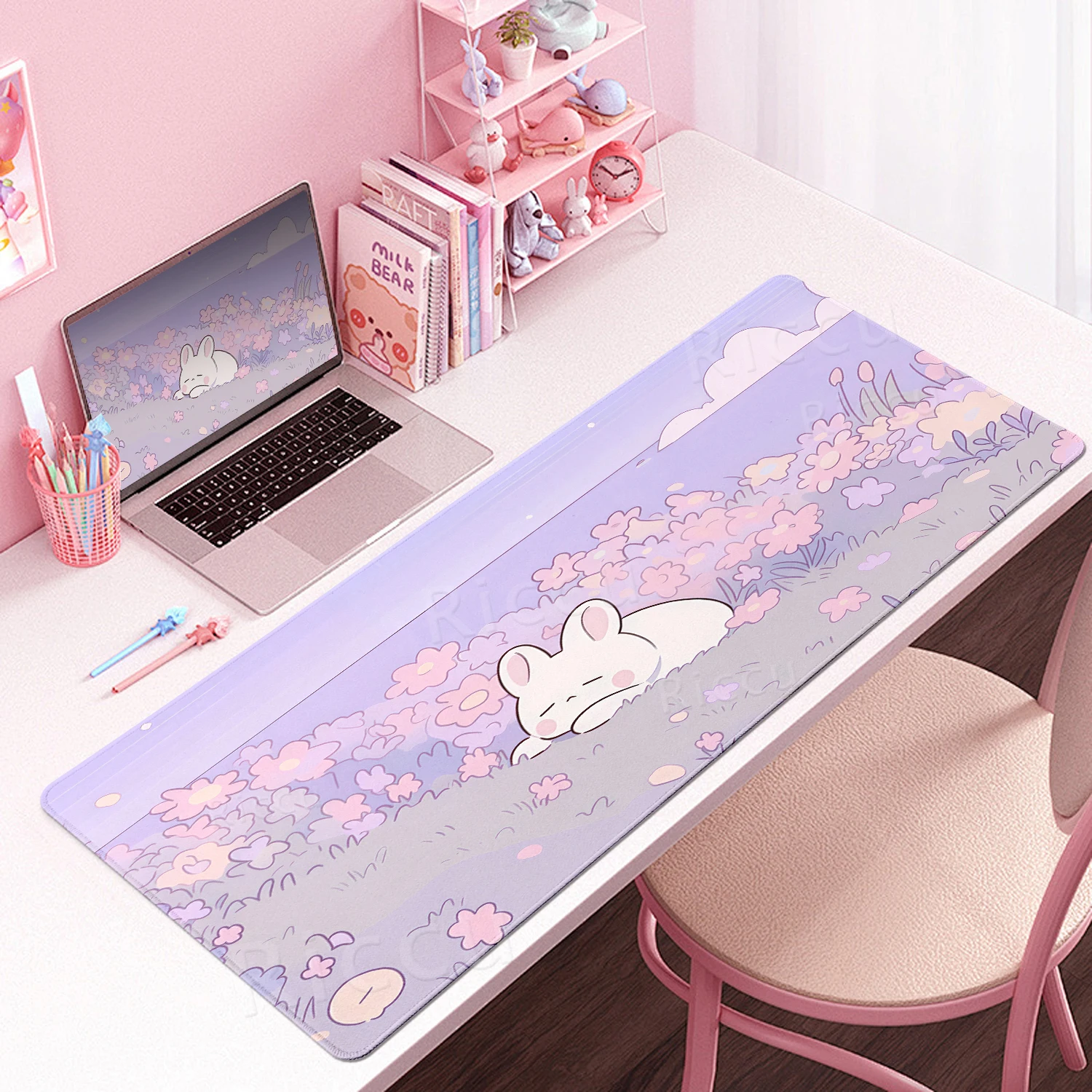 Gaming Keyboard Pad Office Soft Anti-Slip Carpet Rubber Carpet New Models Cute Rabbit Pink Anime Aesthetics Lock-edge Table Rugs