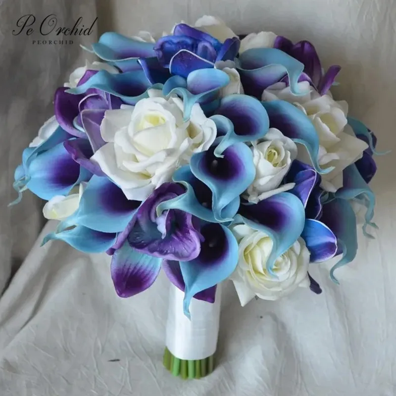 PEORCHID Real Touch Flowers Blue Purple Bridal Bouquet Calla Lily Ivory Artificial Roses Orchids Silk Wedding Hand Bouquet