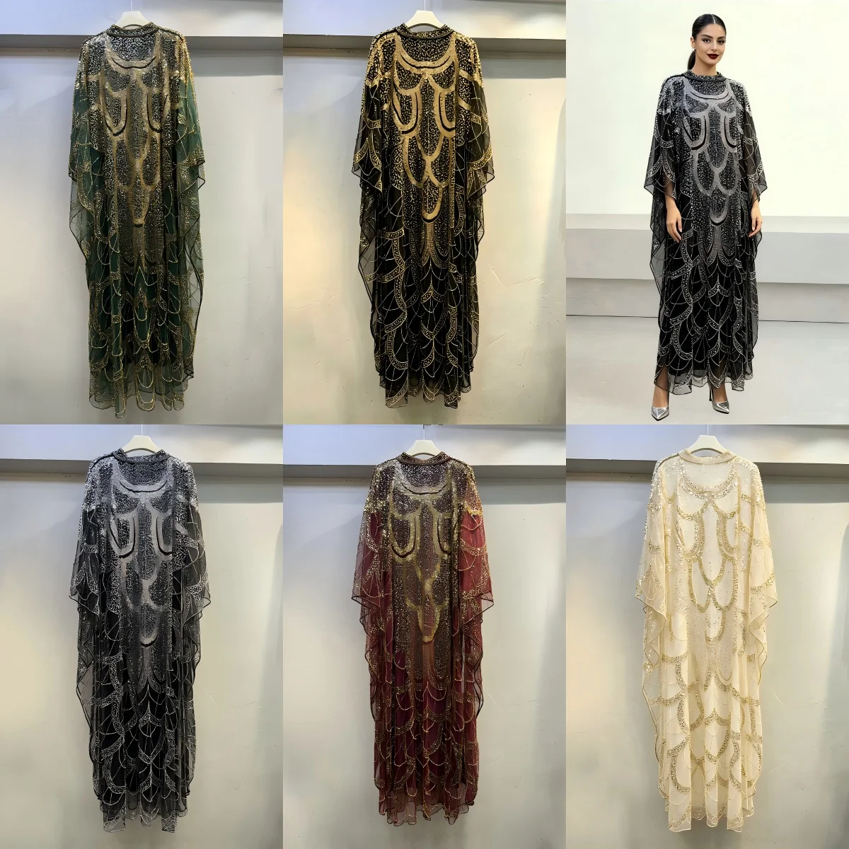 Black Silver Beaded Cape Sleeve Kaftan Maxi Modes Dress Luxury Muslim Evening Party Gown for Women Wedding Guest Formal Occasion
