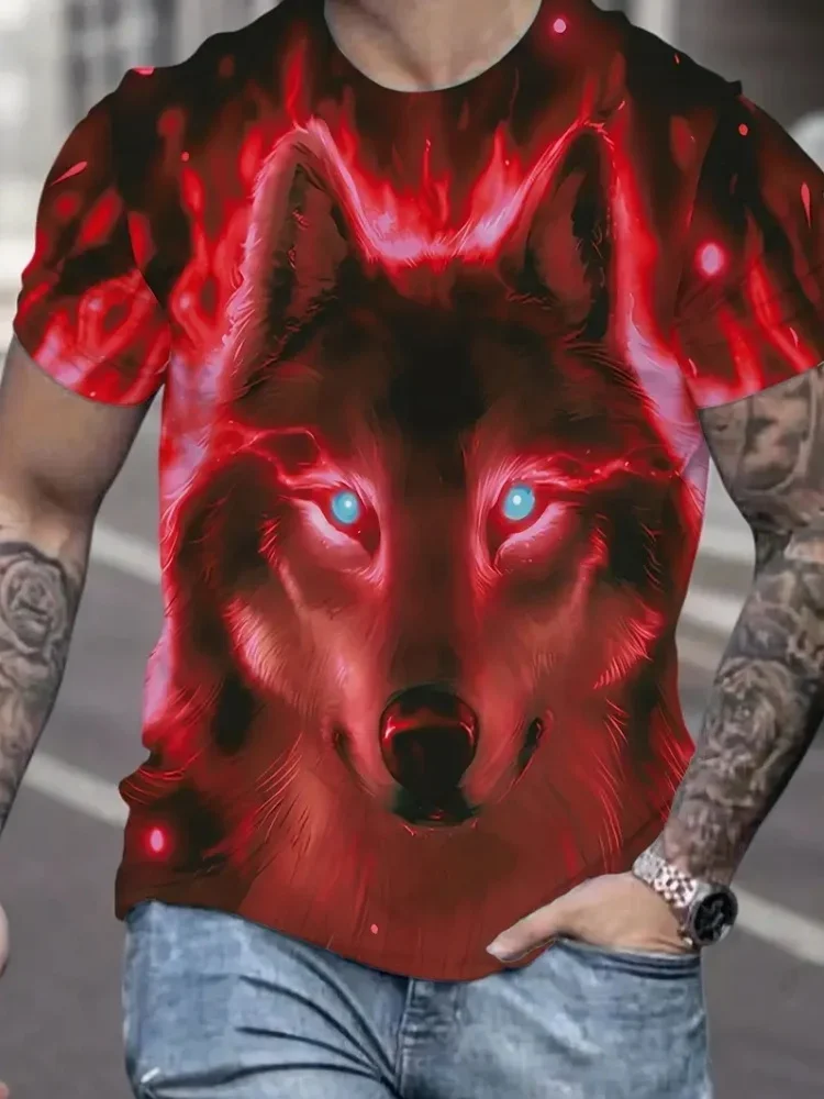 Trendy Cool Men's Wolf Head 3D Print T Shirt Fire Wolf Animal Graphic Crew Neck Short Sleeve Cool Novelty Tee Tops