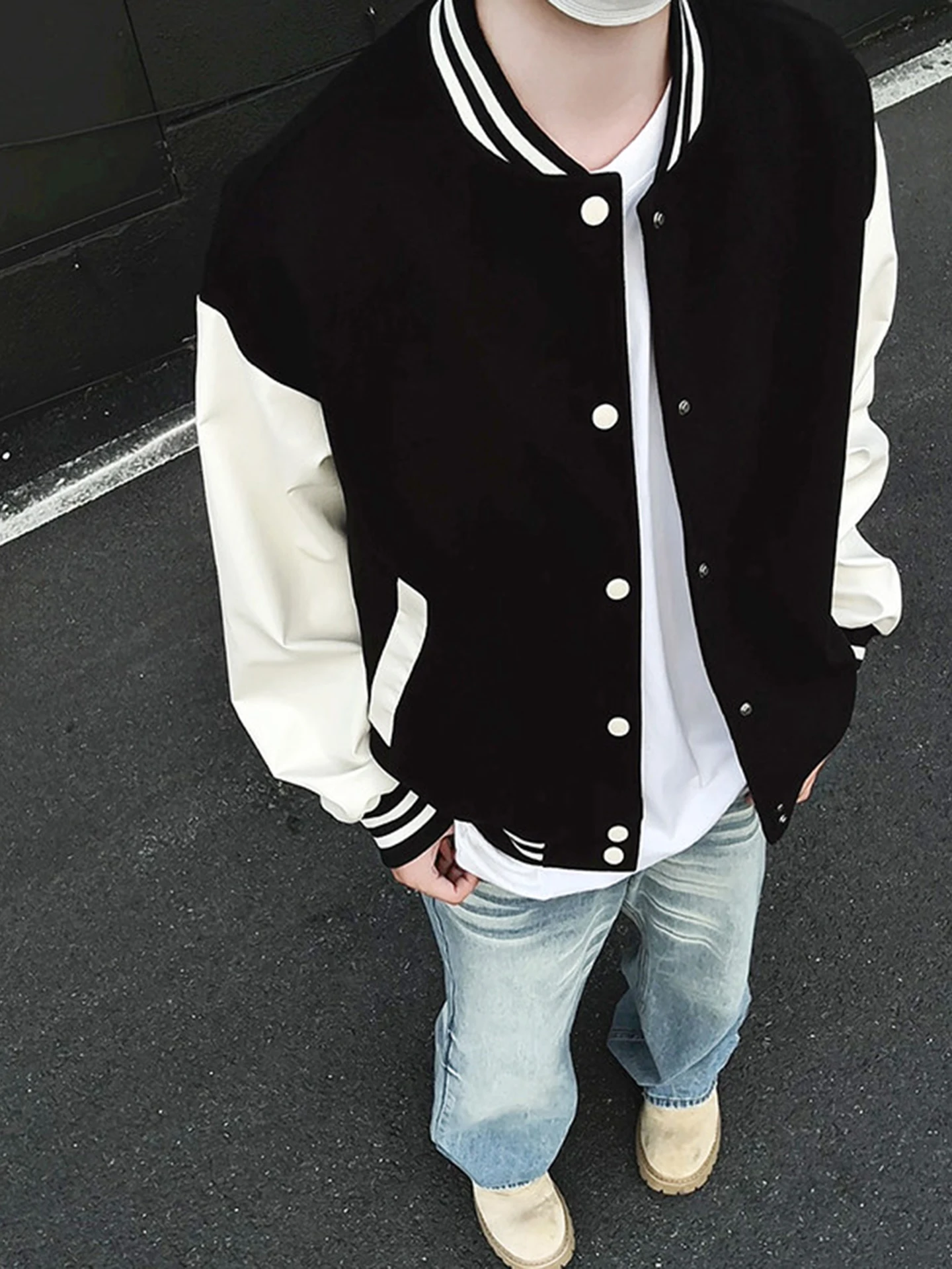 スタンダードフィット-ベースボールジャケット-メンズ-春秋-ロイヤルブルー-コントラストカラー-フライトジャケット-アメリカンスタイル-カレッジトレンド-ユースファッション