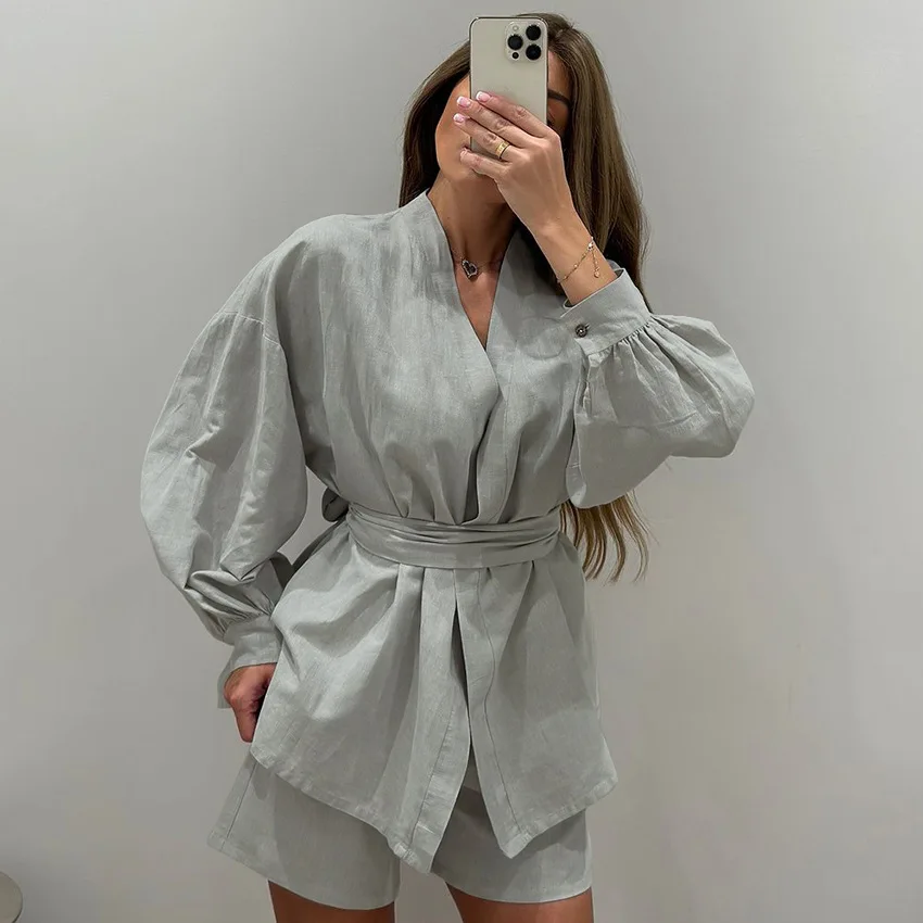 

Lantern Sleeve Belted Cardigan Top And Shorts Two Piece Set Spring Summer 100% Cotton Gray Loose Casual Women Pajamas New